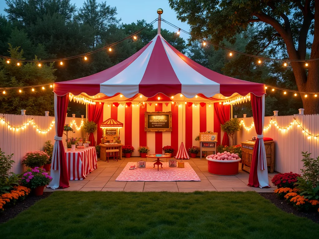 Backyard Circus Birthday Party Scene - A charming backyard garden party transformed into a whimsical circus scene at dusk, captured in a wide-angle shot. A red and white striped canopy tent spans the patio, adorned with warm fairy lights and colorful bunting. The space features multiple playful stations: a ring master photo booth with gold-framed backdrop against a white picket fence wrapped in fairy lights, a red and white ball pit filled with soft balls surrounded by potted flowering plants, and a mini carnival game area with soft plush prizes. String lights criss-cross overhead between mature trees, casting a magical glow. The garden borders feature cheerful marigolds and zinnias in circus colors. In the foreground, a small carousel-themed soft play area sits on plush grass, decorated with garden roses and vintage circus props. Photorealistic, magical atmosphere, golden hour lighting.