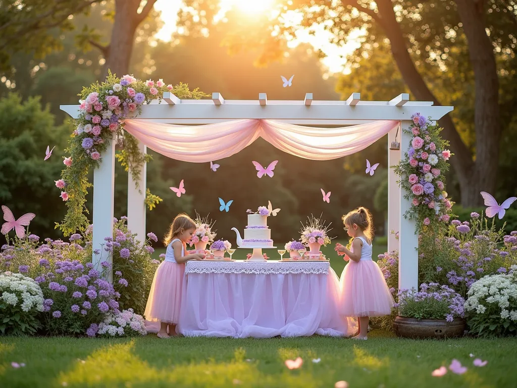 Enchanted Butterfly Garden First Birthday - A dreamy late afternoon garden scene with golden sunlight filtering through trees, featuring an enchanted butterfly-themed first birthday party setup. A whimsical dessert table adorned with purple and pink flower arrangements in vintage teapots sits under a white pergola draped with flowing tulle and paper butterfly garlands. Life-sized iridescent butterfly wings create a magical photo backdrop against a blooming garden wall of purple butterfly bush, pink cosmos, and white lantana. Scattered throughout the garden, decorative butterfly stakes in pastel colors appear to dance among the flowers. Natural butterflies hover near the butterfly-attracting plants, while young children in fairy-like outfits explore the magical setting. Shot with a wide angle lens capturing the entire magical scene, with soft bokeh effect in the background.