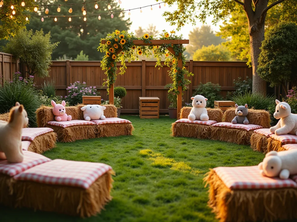 Enchanted Farm Party Garden Setup - Wide-angle shot of a charming backyard garden party setup at golden hour, featuring a rustic farm-themed celebration space. Natural wood hay bales arranged in a semicircle, adorned with soft gingham cushions, surrounding a central grass area. Large, realistic plush farm animals (horses, cows, sheep) positioned naturally throughout the space. Vintage wooden crates repurposed as activity stations with stuffed chickens and rabbits. String lights draped overhead between wooden posts create a magical atmosphere. Potted wildflowers and sunflowers line the area, while a wooden arch decorated with twining ivy and fairy lights marks the entrance. Shot with soft, warm lighting highlighting the cozy farm atmosphere, captured with a 16-35mm lens at f/2.8, ISO 400, emphasizing the dreamy garden party setting.