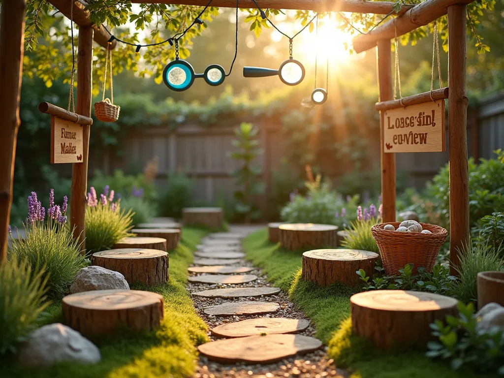 Enchanted Nature Discovery Garden - A magical backyard garden setting at golden hour, shot with a wide-angle lens capturing a thoughtfully designed baby exploration area. Natural wood stepping stumps arranged in a semicircle, surrounded by safe sensory gardens with lavender and lamb's ear. Handcrafted exploration stations feature oversized magnifying glasses hanging from a wooden arch decorated with fairy lights. Soft natural grass patches alternate with moss-covered areas, creating textural zones for crawling. Woven baskets contain child-safe pine cones, smooth stones, and large seashells. Wooden signs with whimsical woodland creatures point to different discovery zones. Gentle afternoon sunlight filters through overhead canvas creating dappled shadows, photographed with shallow depth of field to create a dreamy atmosphere. Professional photography with a 16-35mm lens, f/2.8, ISO 400.