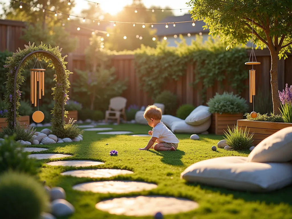 Enchanted Sensory Garden Birthday Experience - A magical backyard sensory garden scene at golden hour, shot at f/2.8 with soft natural lighting. A circular arrangement of safe exploration zones features textured pathways made of soft moss, smooth river stones, and baby-safe artificial grass. Gentle wind chimes hang from decorative arches draped with baby's breath and lavender. Low wooden sensory walls display mounted rainmakers, drums, and bells at crawling height. Raised planter boxes contain fragrant herbs like mint, chamomile, and lemon balm, all safely contained. Plush cushions and blankets create cozy observation areas for parents. String lights weave overhead, creating a dreamy atmosphere. The scene is captured with a 16-35mm wide-angle lens to show the entire circular layout, with the golden sunlight casting gentle shadows through the musical elements.