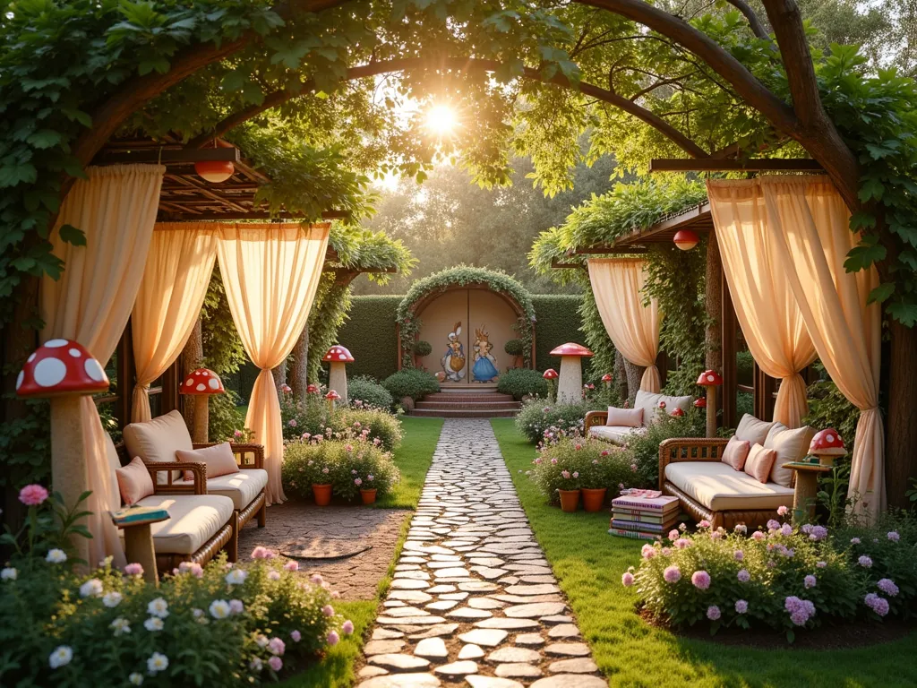 Enchanted Storybook Garden Party Setup - A magical backyard garden transformation at golden hour, featuring whimsical reading nooks nestled under flowering arbors. A winding cobblestone path leads through different storybook zones, with hand-painted character cutouts of classic tales like Peter Rabbit and Alice in Wonderland. Soft tulle canopies draped between trees create cozy reading areas with plush cushions and vintage books. Twinkling fairy lights and paper lanterns cast a warm glow, while butterfly garden stakes and oversized mushroom decorations dot the landscape. A grand tea party table adorned with storybook-themed treats sits central, surrounded by potted English roses and lavender. Giant prop books serve as photo backdrops, while wooden signposts point to different story areas like 'Hundred Acre Wood' and 'Secret Garden'. Shot from a wide angle to capture the entire magical setup, with soft bokeh effects from the golden sunlight filtering through tree branches.