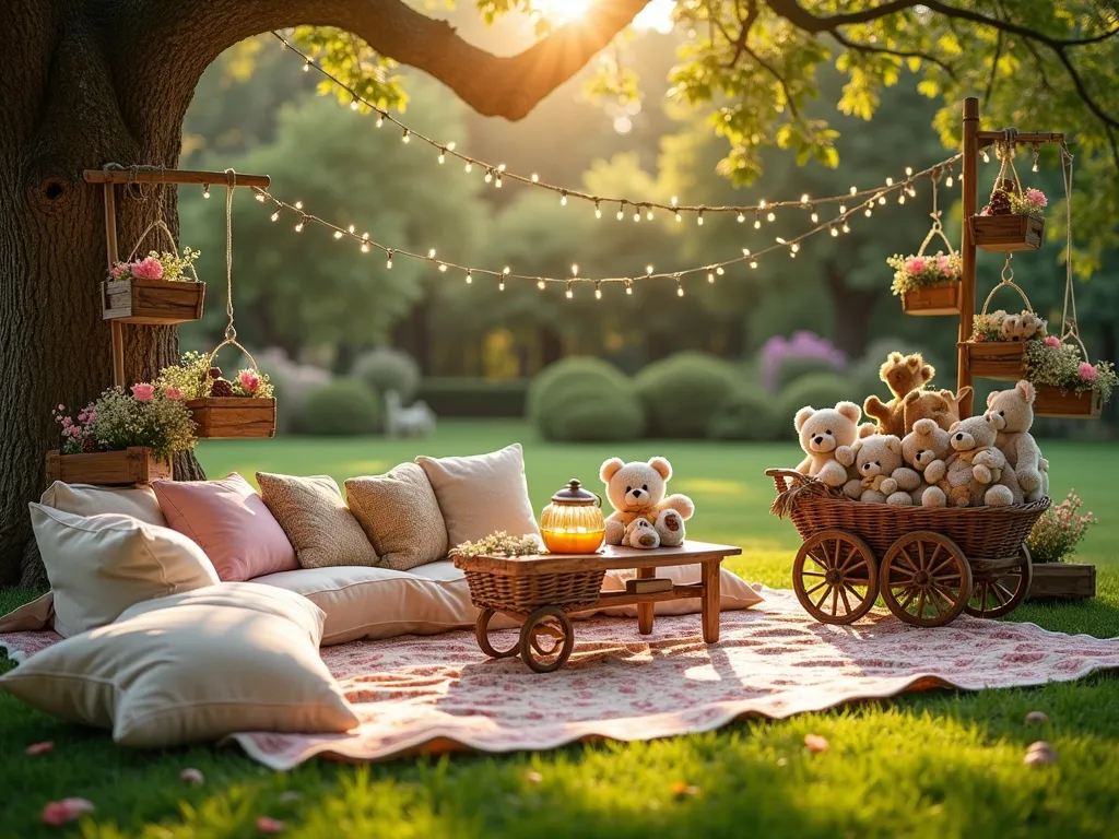 Enchanted Teddy Bears' Garden Picnic - A dreamy late afternoon garden scene with dappled sunlight filtering through mature maple trees, capturing a whimsical teddy bears' picnic setup on a lush green lawn. In the foreground, vintage quilted blankets and plush Persian rugs create a cozy seating area, adorned with scattered oversized floor cushions in soft pastel colors. Wooden low tables decorated with honey-colored burlap runners display classic wicker picnic baskets, ceramic honey pots with golden ribbons, and woodland-themed table decorations including miniature toadstools and pine cones. A dedicated 'teddy bear corner' features a charming antique wooden cart overflowing with assorted teddy bears and plush woodland creatures, surrounded by rustic wooden crates repurposed as display shelves for more stuffed animals. Twinkling fairy lights are strung between shepherd's hooks, creating a magical canopy over the picnic area. Natural woven baskets filled with wildflowers and baby's breath add organic charm. Shot with a wide angle lens to capture the entire setup while maintaining intimate details, with warm golden hour lighting enhancing the enchanted atmosphere.