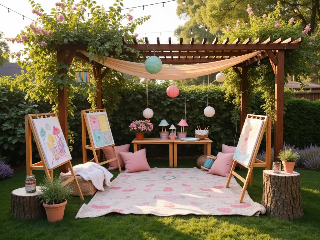 Whimsical Garden Art Studio for First Birthday - A charming backyard garden setting at golden hour, photographed with a wide-angle lens, featuring a dedicated children's art area under a string-lit pergola. Natural wood easels adorned with colorful paper and ribbons line one side, while low bamboo tables with washable art supplies sit atop a weather-resistant outdoor rug. Finger painting stations protected by clear acrylic sheets are arranged on rustic wooden stumps. Clotheslines strung between garden posts display children's artwork, gently swaying in the breeze. Baby-safe paint supplies in mason jars add pops of color against the lush backdrop of flowering hydrangeas and lavender. Soft cushions and blankets create cozy seating areas on the grass, surrounded by child-safe potted plants in painted terracotta pots. Whimsical paper lanterns and pastel bunting complete the magical atmosphere.