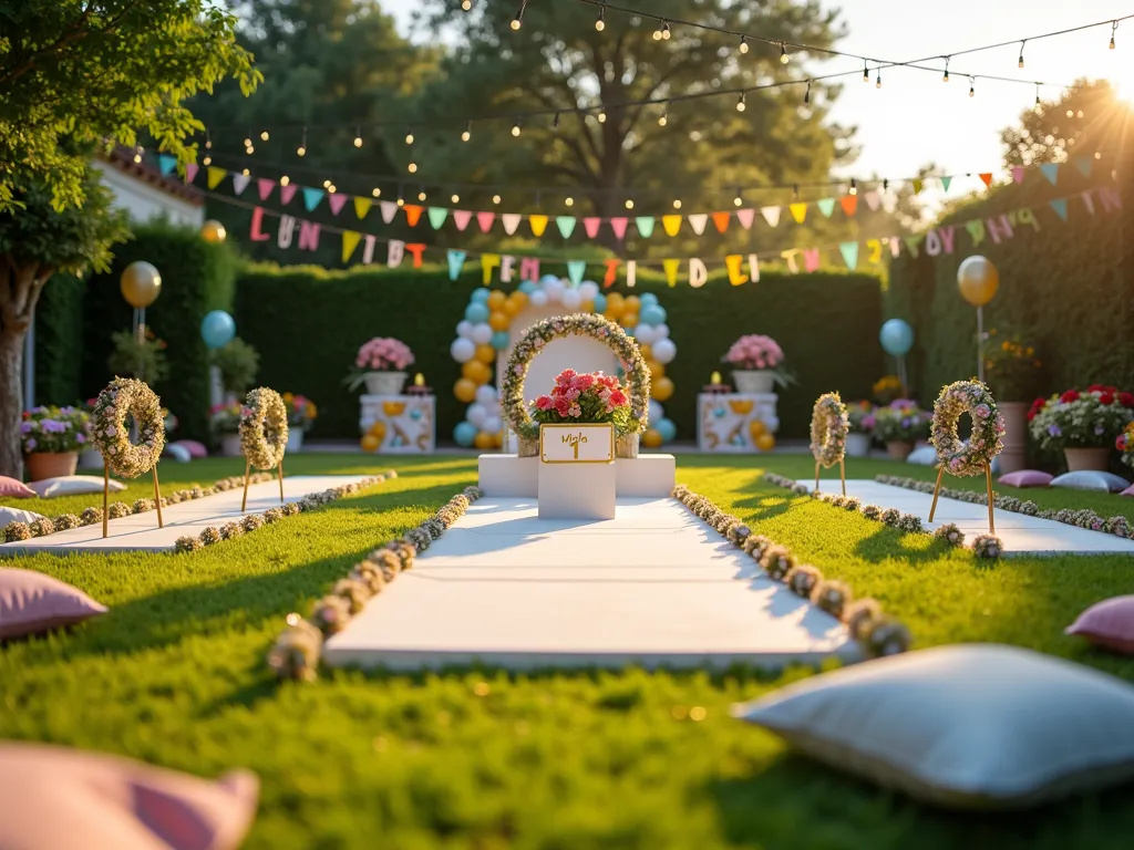 Whimsical Garden Olympics First Birthday Setup - A late afternoon garden scene featuring a magical baby-friendly Olympics setup in a spacious backyard. Wide-angle shot capturing multiple activity stations set on lush green grass, decorated with pastel-colored bunting and golden balloon arches. A soft foam racing track lined with flowers for crawling races, complete with a tiny podium adorned with '1st Birthday' banner. Gentle natural lighting casting warm golden hues, with string lights beginning to twinkle overhead. Plush equipment stations featuring colorful soft balls, mini foam hurdles, and baby-safe sports gear. A professional photo backdrop with oversized cardboard medals and Olympic rings made from flower wreaths. Scattered picnic blankets with cushions for spectators, surrounded by potted hydrangeas and garden roses. Shot with shallow depth of field emphasizing the playful athletic atmosphere.