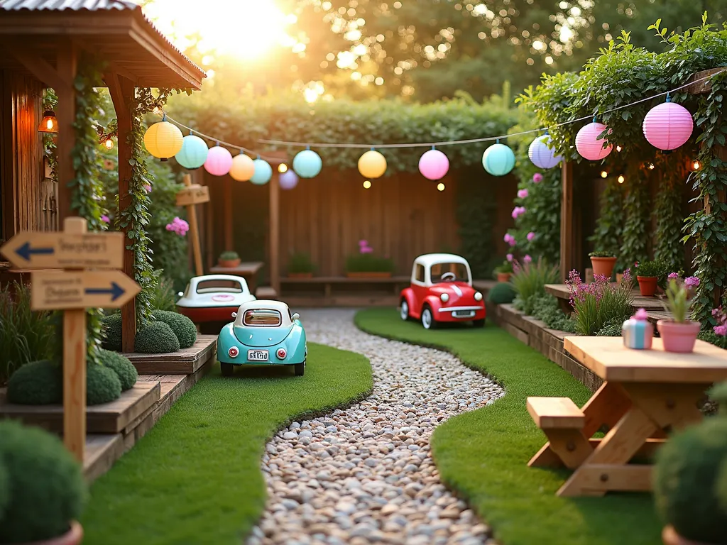 Enchanted Garden Transportation Birthday Party - A charming backyard garden party setup at golden hour, shot with a wide-angle lens capturing a magical transportation-themed play area. A winding pebble path meanders through a manicured lawn, decorated with colorful paper lanterns and twinkling fairy lights. Wooden train stations adorned with climbing jasmine vines, miniature boat docks surrounded by ornamental grasses, and a race track lined with dwarf boxwood create distinct play zones. Vintage-style ride-on cars in pastel colors are positioned throughout, while a decorated wooden train table sits under a flowering pergola. Soft ambient lighting filters through paper lanterns, creating a dreamy atmosphere. Natural wood signposts with whimsical arrows point to different transportation zones. Shot at f/8 for perfect depth of field, capturing the entire scene in crisp detail.