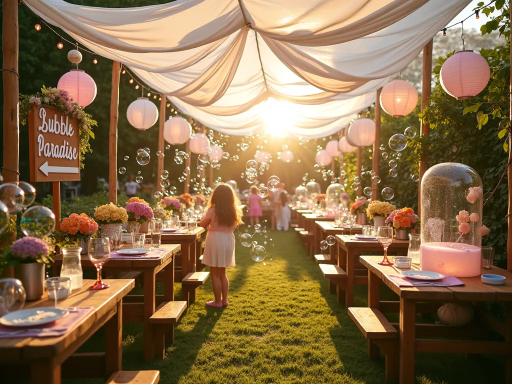 Magical Garden Bubble Station - Wide-angle shot of a whimsical garden party bubble station at golden hour. A ethereal white fabric canopy draped between wooden posts, adorned with fairy lights and pastel paper lanterns, creates a dreamy atmosphere. Below, multiple bubble stations feature vintage wooden tables with colorful bubble wands, giant bubble makers, and automatic bubble machines creating a magical atmosphere. Children playing beneath streams of iridescent bubbles floating through warm evening light. Lush garden backdrop with flowering hydrangeas and roses. Natural wood bubble solution refill station decorated with floral garlands and 'Bubble Paradise' banner in soft pastels. DSLR photo with soft bokeh effect, f/8, ISO 100, 1/125s, capturing the magical golden light filtering through the canopy.