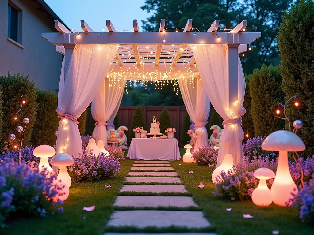 Enchanted Unicorn Garden Birthday Setup - A dreamy twilight backyard garden scene captured with a wide-angle lens, showing a magical unicorn-themed first birthday party setup. A white pergola draped with flowing pastel tulle and twinkling fairy lights creates a centerpiece, surrounded by whimsical balloon arches in soft pink, lavender, and mint green. Crystal-clear string lights illuminate the space, creating a starry effect above. A life-sized iridescent unicorn statue stands among beds of pink and purple flowering plants. Activity stations feature glitter-decorated tables with pastel umbrellas, while a photo booth area showcases a flower wall backdrop with metallic unicorn props. Scattered throughout are magical touches like rainbow ribbons, oversized paper flowers, and shimmering bubble machines. The garden path is lined with LED-lit toadstools and rainbow streamers, photographed with perfect depth of field to capture both foreground details and the enchanted atmosphere. Professional lighting highlights the ethereal quality of the decorations against the natural garden backdrop.