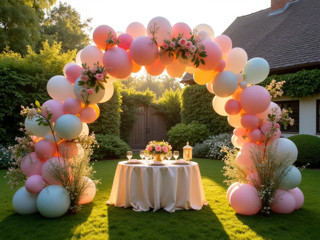 Enchanting Rainbow Balloon Arch in Garden Party Setting - A magical garden party scene at golden hour, featuring a spectacular rainbow balloon arch with cascading organic balloons in pastel and vibrant hues. The arch spans across a manicured lawn, incorporating delicate fresh garden roses, baby's breath, and flowing eucalyptus greenery. White fairy lights intertwine with the balloons, creating a dreamy atmosphere. Shot with a wide-angle perspective showing the arch's grand scale against a charming cottage garden backdrop with blooming hydrangeas and climbing roses. The natural sunlight filters through the balloon arch, casting gentle rainbow shadows on the grass below. A vintage wooden table dressed in white linen sits beneath the arch, adorned with delicate tea party settings. Professional photograph captured with a 16-35mm lens at f/2.8, ISO 400, emphasizing the depth and magical quality of the scene.