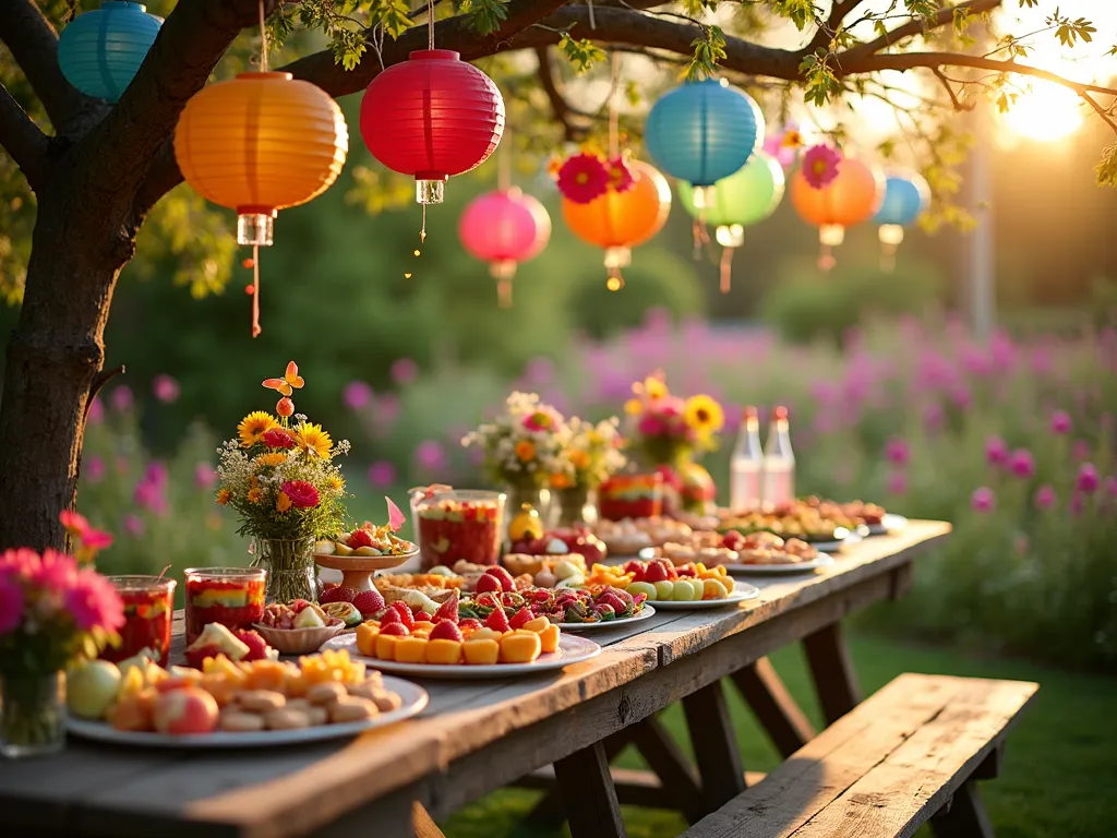 Rainbow Garden Party Grazing Table - A magical garden party scene at golden hour featuring a long rustic wooden table set against a blooming flower garden backdrop. The table is artfully arranged with a vibrant rainbow-themed grazing spread, including colorful fruit platters, baby-safe snacks, and elegant refreshments. Rainbow-colored paper lanterns and delicate fairy lights hang from nearby tree branches. The table is decorated with fresh flower arrangements and whimsical butterfly decorations. Soft natural lighting filters through the trees, creating a dreamy atmosphere. Shot with a wide-angle perspective to capture the entire garden setting, with the focus on the spectacular rainbow food display. Professional DSLR photograph with perfect exposure and depth of field, showcasing the enchanting garden party setup.