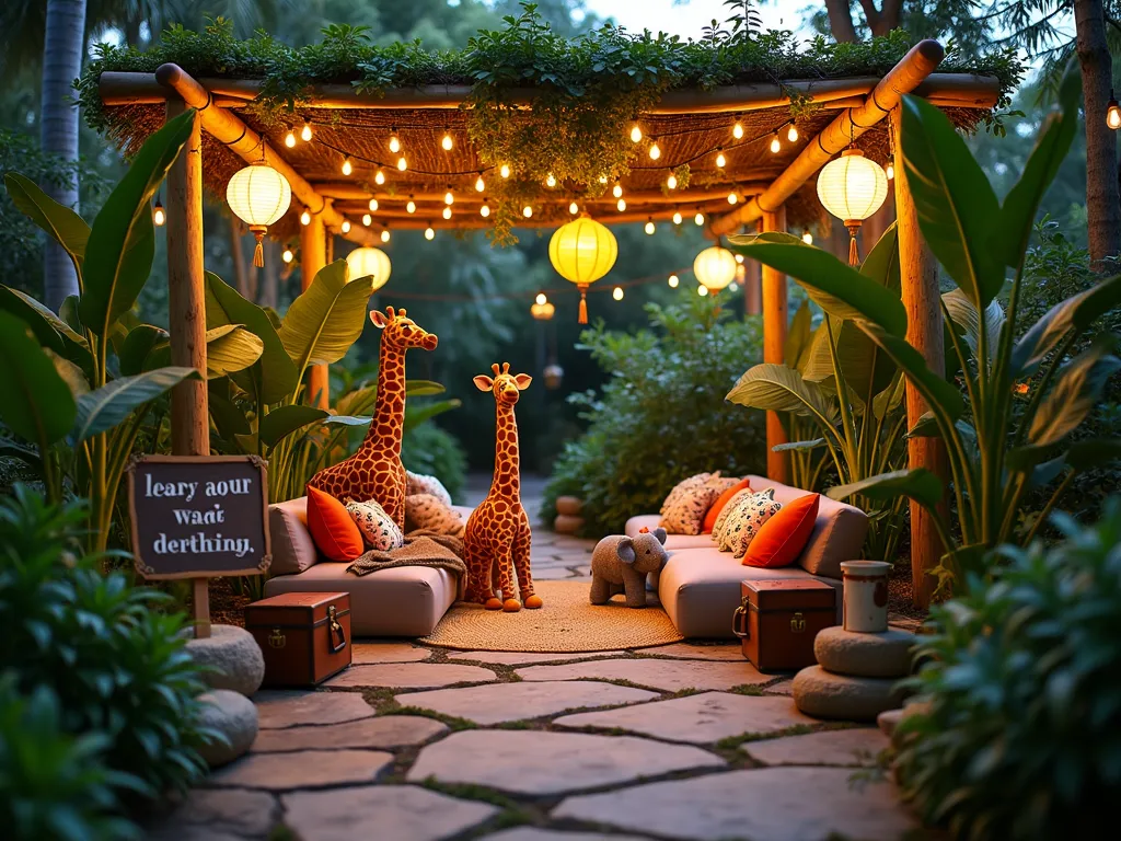 Enchanted Garden Safari Adventure Corner - A magical dusk garden scene featuring a cozy safari-themed corner for a first birthday party. A winding stone pathway lined with lush tropical plants and banana leaves leads to a charming seating area beneath a pergola draped with fairy lights. Life-sized plush giraffes and elephants peek through large-leafed monstera plants, while colorful animal print cushions are scattered on natural woven rugs. Weathered wooden signs with playful safari facts hang from bamboo poles, and paper lanterns shaped like hot air balloons cast a warm glow. The scene is captured from a wide angle, showing how the safari corner naturally integrates with the rest of the garden landscape. Small vintage-style suitcases and binoculars add authentic safari touches, while string lights create a magical atmosphere in the deepening twilight.