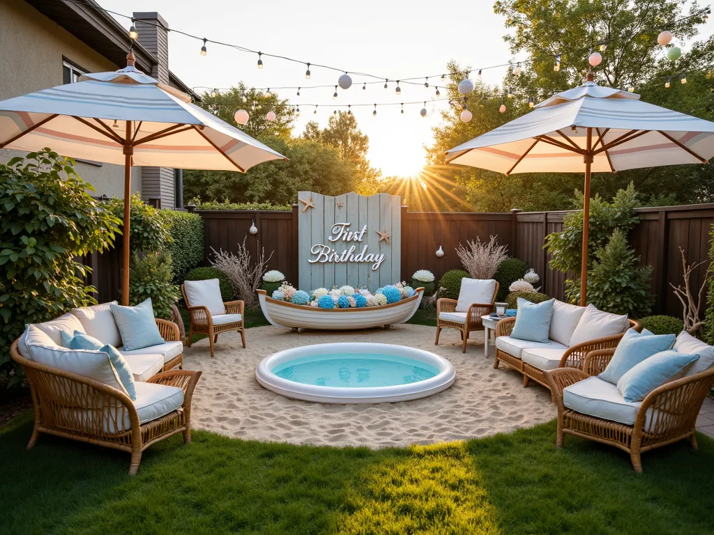 Whimsical Seaside Garden Birthday Paradise - A magical late-afternoon scene of a transformed backyard garden into a dreamy beach paradise for a first birthday celebration. Wide-angle view showcasing a lush grass area transitioning into a designated sandy beach zone with a child-safe paddling pool. Striped beach umbrellas in soft pastels provide elegant shade over comfortable seating areas decorated with coastal elements. String lights and paper lanterns in sea-inspired colors hang between posts. Decorative elements include oversized seashells, starfish, and driftwood pieces artfully arranged around the space. A charming photo backdrop features a vintage rowboat filled with blue hydrangeas and white coastal flowers, with 'First Birthday' written in elegant script on weathered wood. Natural rattan furniture with white cushions scattered throughout. Soft, warm lighting creates a dreamy atmosphere as the sun begins to set, casting a golden glow across the scene.