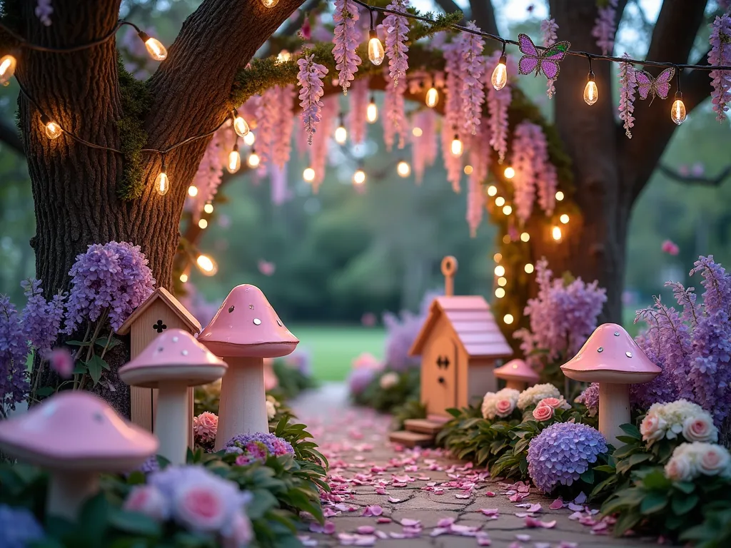 Twilight Fairy Garden First Birthday - A magical twilight garden scene with a whimsical fairy theme for a first birthday celebration. Soft string lights twinkle overhead between mature oak trees, creating a warm ethereal glow. Delicate pink and lavender ribbons dance from the branches. In the foreground, a charming collection of handcrafted wooden fairy houses nestled among blooming hydrangeas and pink roses. Giant decorative mushrooms in pastel colors dot the garden path, while metallic butterfly decorations catch the evening light. Purple and white wisteria cascades create a natural archway, with scattered rose petals below. Crystal-like decorations and iridescent bubbles float through the scene, photographed in a wide angle to capture the entire enchanted setting with a shallow depth of field for a dreamy effect.