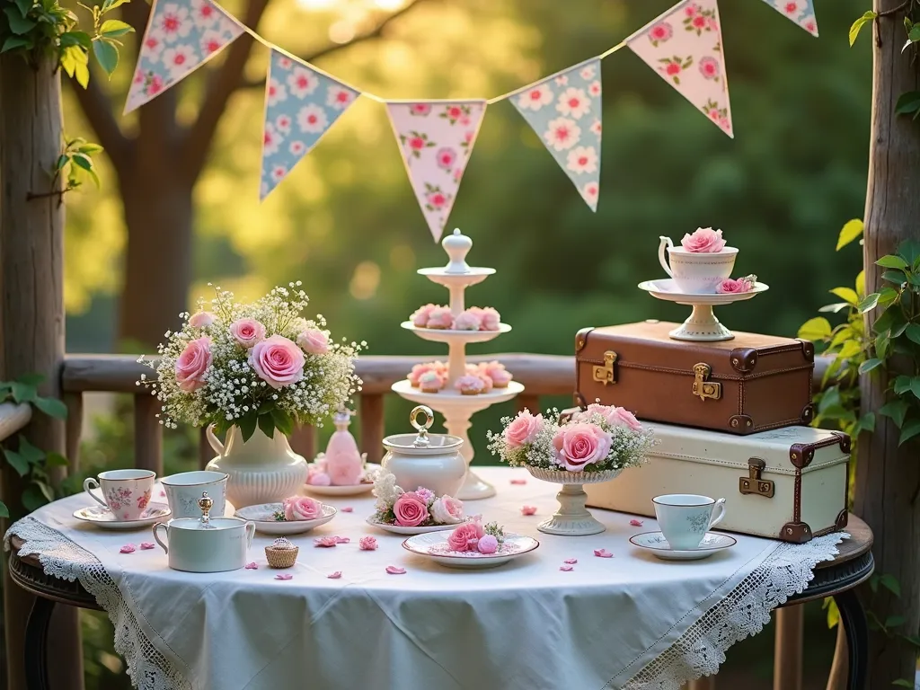 Enchanted Vintage Garden Tea Party - A dreamy late afternoon garden scene with golden sunlight filtering through tree branches, showcasing an intimate vintage tea party setup on a weathered wooden deck. A round antique table draped with delicate lace tablecloth features an eclectic collection of pastel-colored Victorian teacups filled with pink garden roses and baby's breath. Vintage floral-patterned bunting in soft blues and pinks stretches overhead between wooden posts adorned with climbing jasmine. An ornate white three-tiered cake stand takes center stage, while a collection of weathered vintage suitcases in cream and brown leather creates whimsical display platforms for treats and gifts. Crystal cake plates and silver serving pieces catch the warm light, while scattered rose petals add romantic charm. Shot with shallow depth of field focusing on the central table arrangement, with the lush garden backdrop softly blurred, photographed from a 45-degree angle to capture the full tablescape composition.