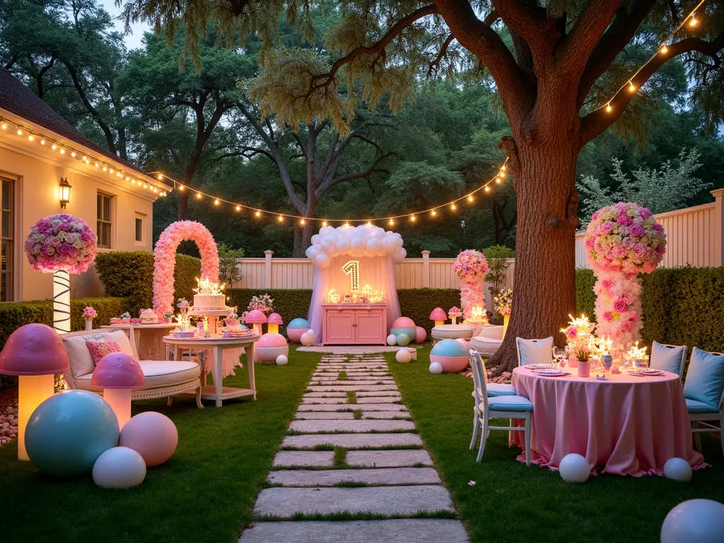 Whimsical Garden Candy Paradise - A magical twilight garden party setting featuring oversized rainbow lollipop decorations spiraling from manicured lawn borders, ethereal pink and blue cotton candy-inspired tulle clouds suspended between mature oak trees, and a charming garden arch adorned with pastel paper flowers and fairy lights. Wide-angle view of a backyard transformed into a candy wonderland, with a vintage dessert cart surrounded by giant gummy bear topiaries and colorful mushroom seating. Soft string lights cast a warm glow across the scene, while strategically placed LED uplighting illuminates the candy-themed decorations. A focal point features a handcrafted wooden number '1' covered in pink roses and candy-striped ribbons, positioned near a white picket fence wrapped in twinkly lights and candy-colored bunting. The garden pathway is lined with illuminated giant candy canes and sparkly pinwheels, leading to a whimsical photo booth area with a backdrop of oversized pastel macarons and floating balloon bouquets.