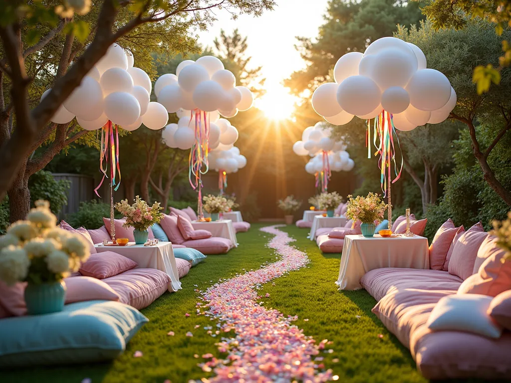 Whimsical Rainbow Cloud Garden Party - A magical garden party scene at golden hour, shot with a wide-angle lens capturing a backyard transformed into a dreamy paradise. White balloon clusters floating like clouds at varying heights create a celestial canopy. A winding pathway made of rainbow-colored flower petals leads through the garden. Soft, pastel-colored cushions and blankets create cozy seating areas on plush grass. Iridescent ribbons dance in the gentle breeze between cloud formations. Crystal prisms hanging from tree branches cast rainbow reflections across the space. Delicate fairy lights intertwined with the balloon clouds emit a warm glow. Low tables adorned with white linens and rainbow accents dot the landscape. Clusters of white hydrangeas and rainbow-colored wildflowers in vintage vessels add natural elements. Shot with shallow depth of field, capturing the ethereal atmosphere with bokeh effects through the fairy lights. Photographed with a 16-35mm lens at f/2.8, ISO 400, during golden hour for magical lighting.