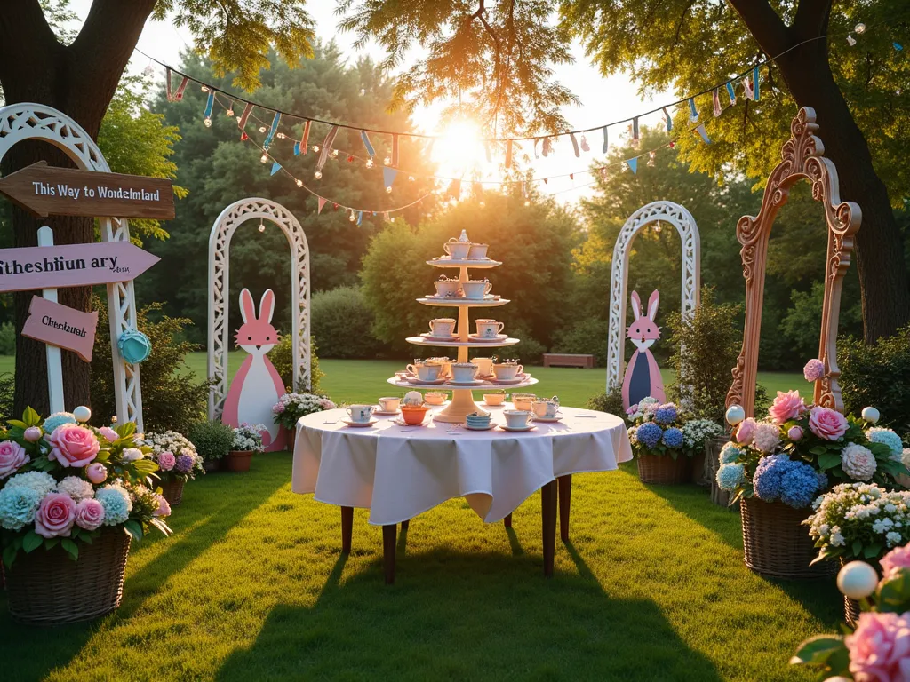 Enchanted Wonderland Garden Tea Party - A whimsical garden party setting at golden hour, featuring an oversized vintage tea table set on a lush lawn. Giant paper flowers in pastel blues and pinks tower overhead, while hanging lanterns and fairy lights create magical ambiance. Playing card bunting strings between white garden arches, and hand-painted wooden signposts point to 'Mad Hatter's Tea Party' and 'This Way to Wonderland'. The table is set with mismatched vintage teacups, topped with a towering tiered cake stand. Life-sized cardboard cutouts of the White Rabbit and Cheshire Cat peek out from behind manicured rose bushes. A large ornate empty picture frame hangs from a tree branch, creating a perfect photo opportunity spot decorated with cascading flowers. Shot from a wide angle to capture the entire magical garden scene, with soft evening light filtering through the elements.