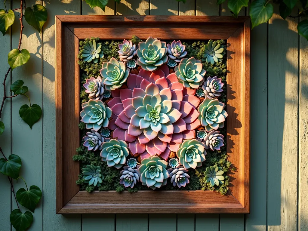 Artistic Succulent Living Wall Frame - Close-up photographic view of an elegant wooden picture frame mounted on a weathered garden wall, filled with a stunning arrangement of colorful succulents creating a living artwork. The succulents form a mesmerizing mandala pattern with echeveria in soft pink and blue-green hues at the center, surrounded by cascading strings of pearls, purple aeoniums, and copper-toned sedums. Golden afternoon sunlight casts gentle shadows, highlighting the varied textures and dimensions of the plants. The frame is weathered teak, complementing the natural beauty of the succulent arrangement, while climbing ivy softly frames the edges of the installation. Professional garden photography, high detail, dramatic lighting, 4K quality.