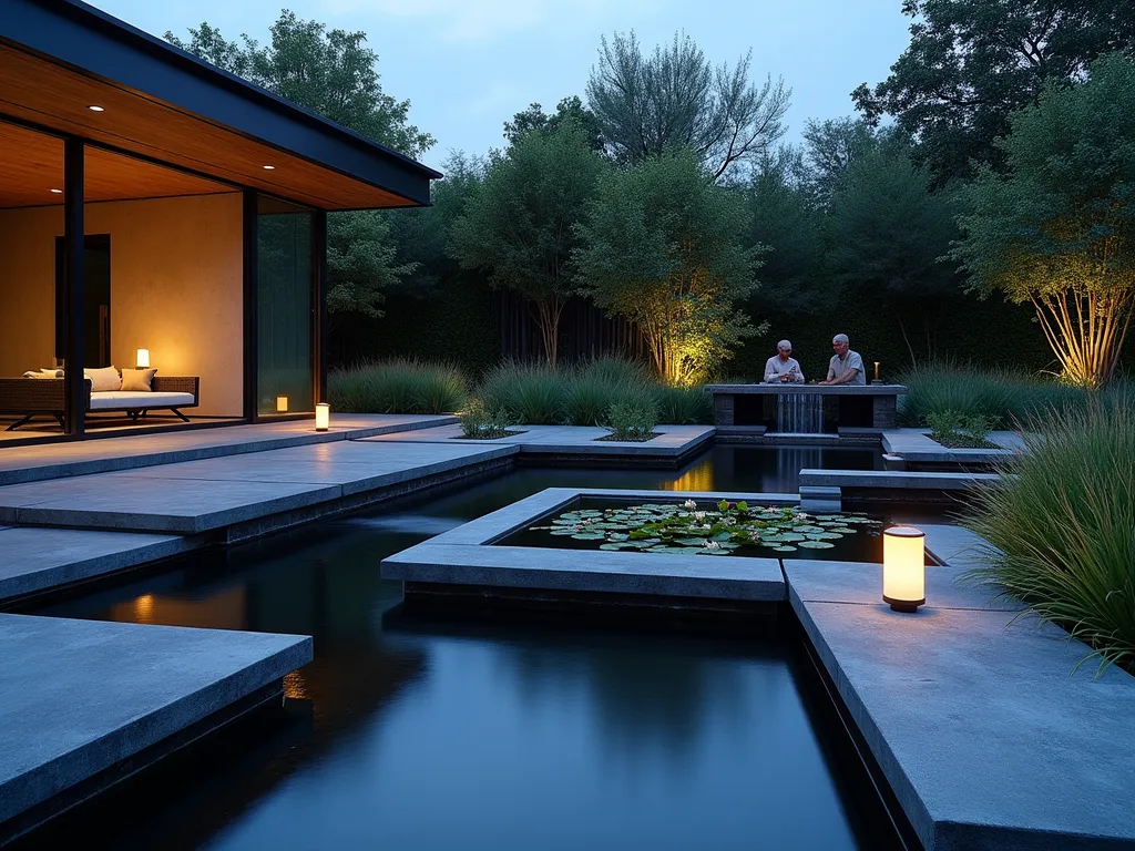 Illuminated Modern Water Garden at Dusk - A stunning contemporary water garden at dusk, photographed with a wide-angle lens capturing the serene reflection of LED lighting on dark, mirror-like water. Featuring a series of geometric concrete platforms floating over a minimalist pool, adorned with carefully placed groups of rushes and flowering water lilies. Clean-cut granite stones create a dramatic sculptural element, while underwater lights cast a soft blue glow across the water's surface. The modern design incorporates multiple water levels connected by subtle waterfalls, surrounded by architectural grasses and bamboo for privacy. Shot at f/2.8 with beautiful bokeh effect highlighting the interplay of light and water.