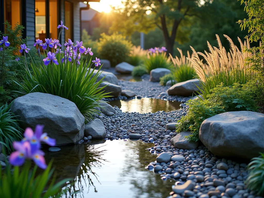 Serene Rain Garden at Dusk - A tranquil rain garden photographed at dusk with golden hour lighting, featuring a gently sloped terrain with meandering paths of smooth river rocks and pebbles. Purple and blue iris flowers sway among flowing ornamental grasses, while native rushes create vertical interest. Crystal-clear water pools in naturalistic depressions lined with moisture-loving ferns and sedges. Large decorative boulders anchor the space, their surfaces glistening with recent rainfall. The garden seamlessly integrates with the surrounding landscape, captured with a wide-angle lens that shows both the garden's detail and its connection to a modern home's downspouts. Soft, warm lighting casts long shadows across the textured plantings, highlighting the sustainable design's natural beauty. Shot with a DSLR camera at f/8, ISO 100, 1/125 sec, emphasizing the garden's depth and ecological functionality.