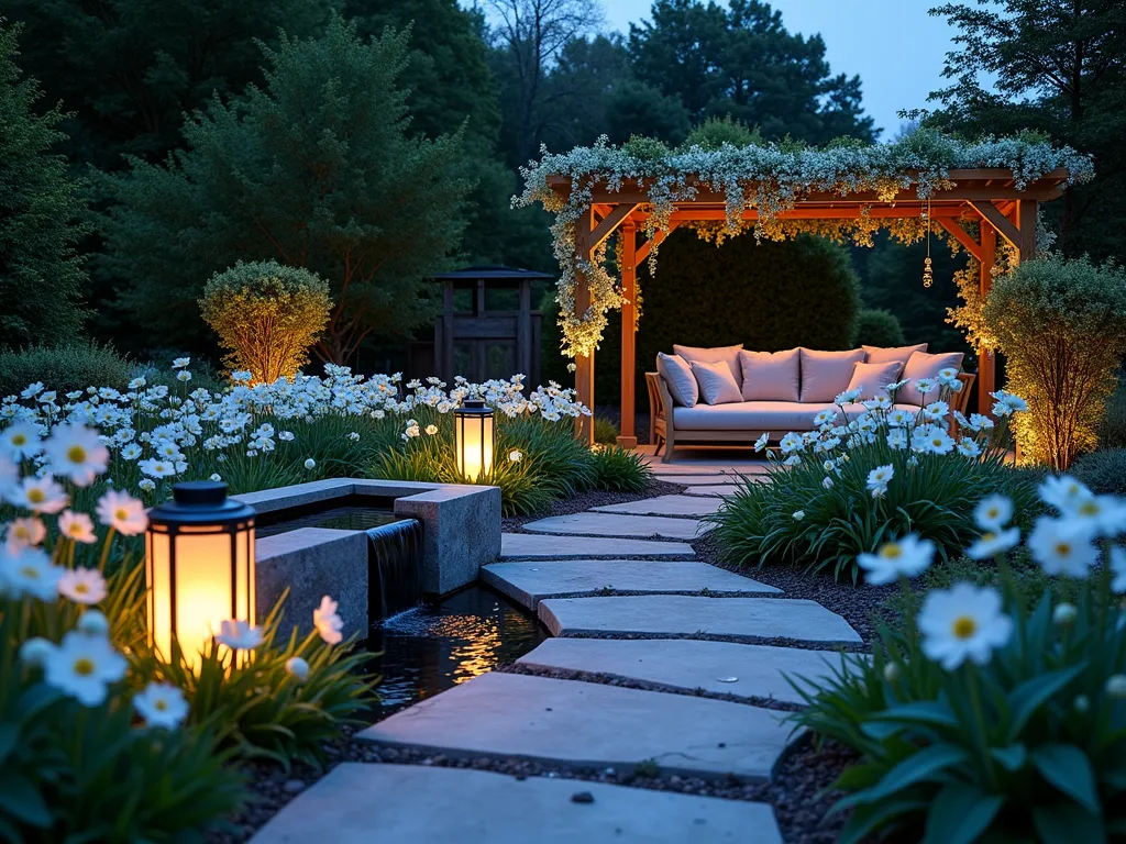 Enchanted Evening Garden Sanctuary - A serene twilight garden scene captured with a 16-35mm lens at f/2.8, ISO 400. A winding stone path illuminated by elegant solar lanterns leads to a cozy outdoor seating area with plush weatherproof cushions. White moonflowers and silver-leafed Artemisia sway gently in the foreground, their petals catching the soft blue moonlight. A modern stone water feature with LED underlighting creates a mesmerizing focal point, its gentle cascade reflecting the evening light. Strategically placed garden orbs emit a subtle phosphorescent glow among beds of white flowering Japanese anemones and Luna moths dancing around illuminated white David Austin roses. The background features a pergola draped with white climbing hydrangeas and twinkling fairy lights, creating a magical canopy. Dusty miller and lamb's ear border the pathway, their silvery foliage shimmering in the moonlight. The scene is photographed from a low wide angle, emphasizing the enchanting nighttime atmosphere and the interplay of natural and artificial light.