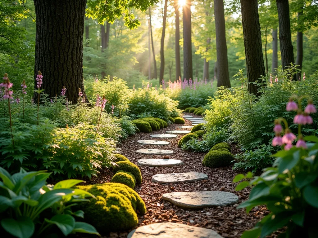 Enchanted Woodland Shade Garden Path - A serene woodland shade garden captured at golden hour, featuring a winding natural stone path weaving through lush clusters of variegated hostas, Japanese painted ferns, and pink astilbe in full bloom. Dappled sunlight filters through overhead tree canopy, creating magical light patterns on the pathway. Moss-covered logs line the borders, while native woodland wildflowers like trillium and bleeding hearts add pops of color. The path is bordered with natural woodland mulch and features weathered stepping stones. Shot with a wide-angle lens at ground level, creating depth and perspective, with soft bokeh effect in background. Photographic style: professional DSLR, f/8, ISO 100, 1/125, natural lighting enhancing the mystical woodland atmosphere.