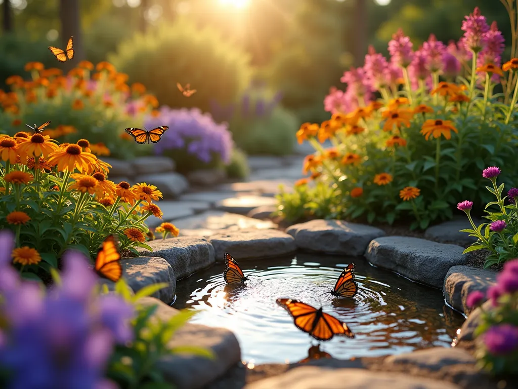 Enchanting Butterfly Garden Sanctuary - A vibrant, sunlit garden sanctuary photographed during golden hour with a DSLR camera. The scene captures a well-designed butterfly garden featuring layers of colorful echinacea, purple butterfly bush, and clusters of orange and yellow lantana in full bloom. A natural stone pathway winds through the garden, leading to a decorative shallow birdbath surrounded by smooth flat rocks where butterflies bask in the warm light. Several Monarch and Swallowtail butterflies flutter between flowers while others rest on the rocks. The garden shows clear height variation, with tall butterfly bushes in the background, medium-height echinacea in the middle, and spreading lantana in the foreground. Soft bokeh effect highlights the natural depth of the garden, while maintaining sharp detail on the central focal points. The composition includes naturalistic landscaping elements like ornamental grasses and native plants that create a harmonious wildlife habitat.