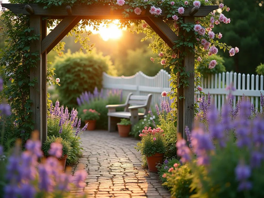 Enchanting English Cottage Garden at Golden Hour - A dreamy wide-angle shot of a lush cottage garden at golden hour, with soft sunlight filtering through flowering perennials. A weathered wooden arbor covered in climbing roses frames a winding brick pathway that leads to a vintage-style wooden bench. Tall purple delphiniums and fragrant lavender border the path, creating layers of color and texture. White picket fence in the background draped with rambling roses. Antique copper watering cans and terracotta pots with trailing flowers add rustic charm. Captured with stunning depth of field, showing intricate garden details while maintaining the romantic, ethereal atmosphere. Shot with a DSLR camera, wide-angle lens, f/8, ISO 100, 1/125 sec, natural lighting enhancing the golden evening glow.