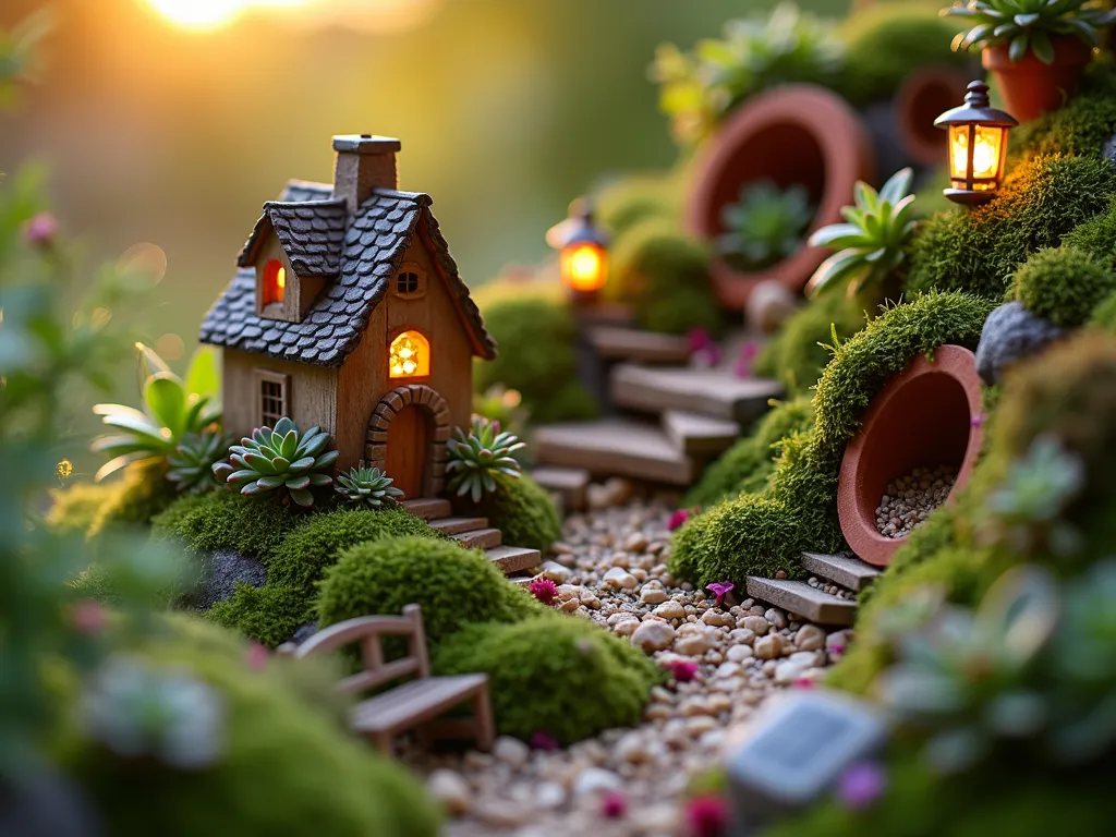 Enchanting Fairy Garden Corner at Sunset - A magical close-up shot of a multi-tiered fairy garden nestled in a peaceful garden corner, captured during golden hour. Broken terracotta pots arranged in cascading levels create a whimsical miniature landscape. Delicate moss carpets tiny pathways that wind between handcrafted fairy houses with twinkling solar lights. Small succulents and creeping thyme spill over edges, creating natural waterfalls of greenery. Miniature furniture, including tiny wooden benches and tables, dot the scene. Crystal quartz pieces catch the warm sunset light, creating magical sparkles throughout the composition. A small solar-powered lantern casts a gentle glow, highlighting the intricate details of the fairy houses' architecture. Shot with shallow depth of field to create a dreamy, ethereal atmosphere while maintaining sharp detail on the central fairy house.