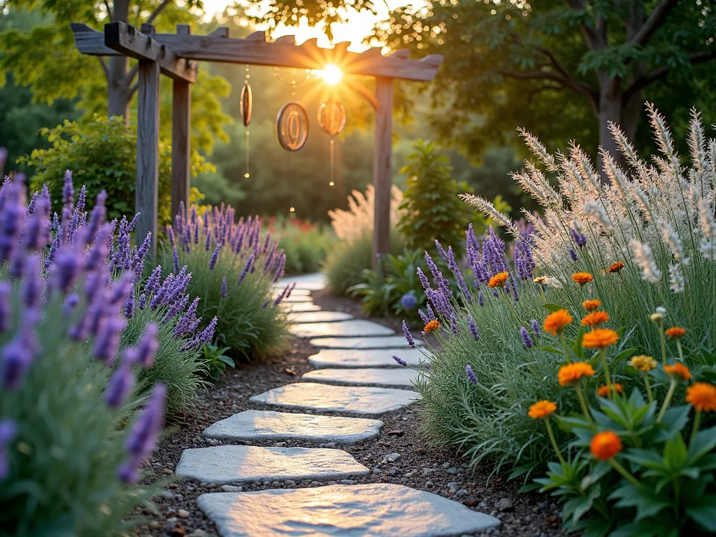 Enchanting Sensory Garden Path at Twilight - A winding garden path photographed at golden hour with a 16-35mm lens, f/2.8, ISO 400. The natural stone pathway meanders through a lush garden, bordered by cascading waves of purple lavender, silver-white lamb's ear, and tall ornamental grasses that catch the evening light. Delicate wind chimes hang from a weathered wooden arch, while clusters of purple coneflowers and orange nasturtiums add pops of edible color. The path features alternating textures of smooth river rocks and rough-cut flagstone, creating visual and tactile interest. Soft garden lighting illuminates the way, casting gentle shadows across the textured surfaces, while rosemary and thyme release their fragrance into the warm evening air. The wide-angle composition captures the immersive sensory experience, with the path leading viewers through the enchanting garden space.