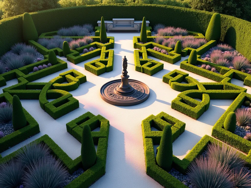 Elegant Formal Knot Garden with Central Fountain - A meticulously designed formal knot garden viewed from a slightly elevated angle during golden hour. Intricate geometric patterns created with neatly trimmed dark green boxwood hedges interweaving with silvery-gray lavender and purple sage. Crisp white gravel paths wind through the symmetrical design, leading to an ornate bronze sundial fountain at the center. The low evening sun casts long shadows across the formal garden, highlighting the precise geometry and creating a dramatic interplay of light and shadow. Perfectly manicured topiaries stand sentinel at key intersections, while the surrounding garden beds are filled with a tapestry of herbs in varying shades of green, silver, and purple. A classical stone bench sits at one edge, offering a contemplative viewing point. Photorealistic, architectural photography style, 8k resolution.