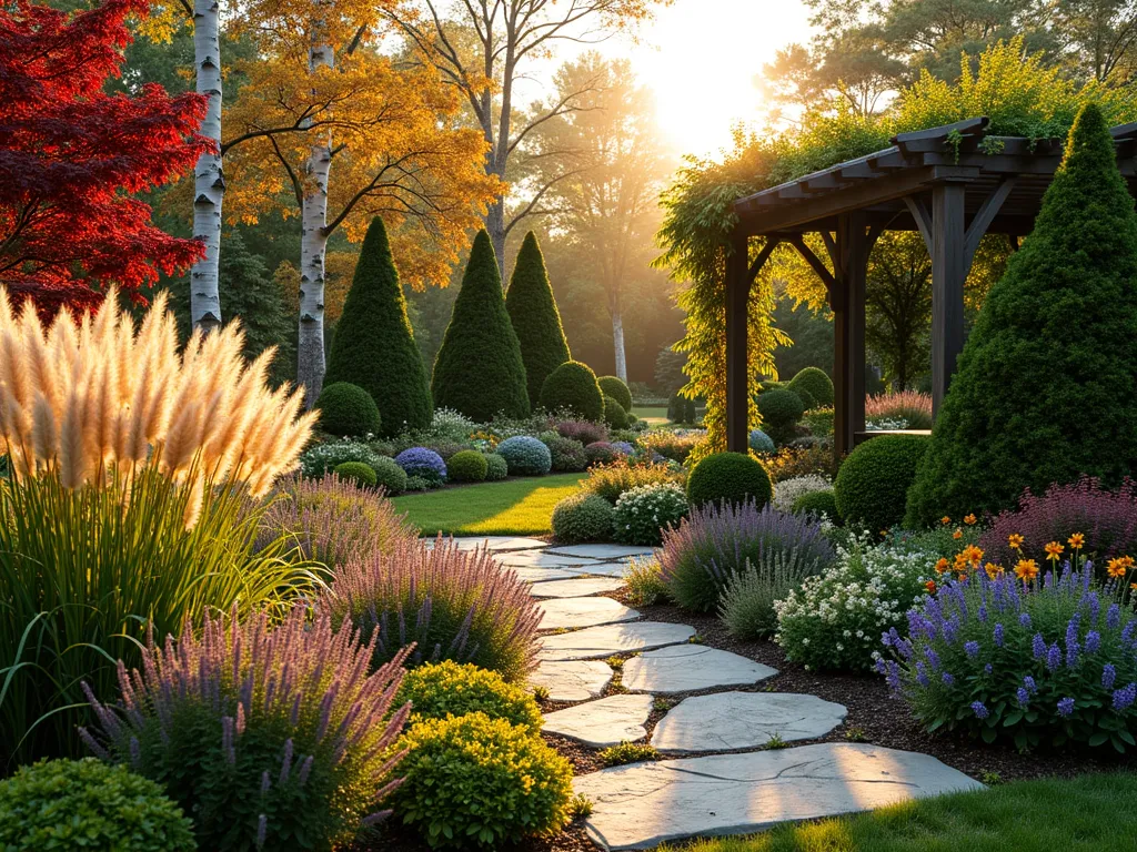 Four Seasons Garden Harmony - A stunning wide-angle view of a well-designed garden at magic hour, showcasing layered seasonal interest. In the foreground, tall ornamental grasses catch the golden evening light, swaying gently beside deep purple autumn sedums. The middle ground features a collection of evergreen topiary and flowering perennials, including lavender, black-eyed susans, and hydrangeas in full bloom. The background showcases Japanese maples with vibrant fall foliage, while structured boxwoods provide year-round form. Winter interest is represented by red-berried holly bushes and white-barked birch trees. A natural stone pathway winds through the garden, leading to a rustic wooden pergola covered in climbing wisteria. Shot with a 16-35mm lens at f/2.8, ISO 400, capturing the rich depth and intricate details of this four-season landscape. Photorealistic, architectural photography, dramatic lighting.