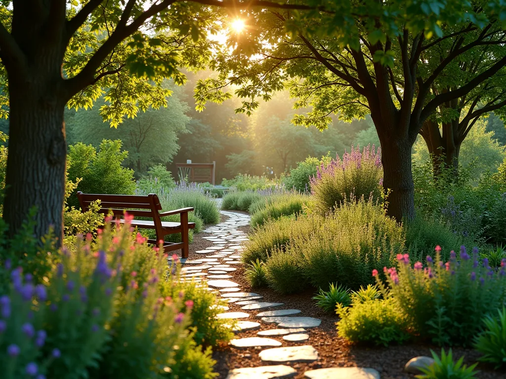 Multi-Layered Edible Forest Garden at Sunset - A serene backyard forest garden at golden hour, shot with a wide-angle lens capturing multiple layers of edible landscaping. Mature apple and pear trees create a natural canopy, while vibrant blueberry and raspberry bushes form the middle layer. The foreground features a winding natural stone pathway through patches of flowering thyme, oregano, and mint ground cover. Dappled sunlight filters through the tree canopy, creating magical light patterns on a rustic wooden bench nestled among the vegetation. The scene is captured with stunning depth of field, showing the rich biodiversity and permaculture design principles in action. Shot at f/2.8 with warm, golden evening light highlighting the various textures and heights of the edible landscape. 16mm wide-angle perspective emphasizes the immersive nature of this backyard food forest.