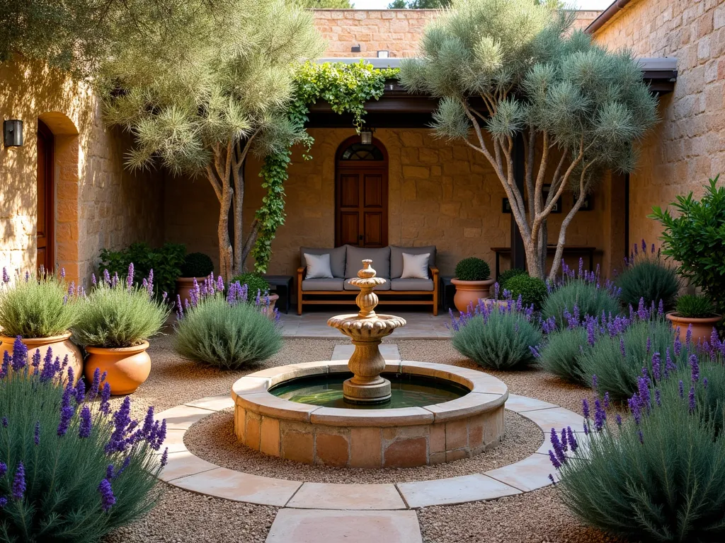 Serene Mediterranean Garden Courtyard at Sunset - A stunning DSLR wide-angle shot of an intimate Mediterranean courtyard garden at golden hour, featuring a central weathered stone fountain surrounded by blooming lavender beds and mature olive trees. Rustic terracotta pots filled with cascading rosemary line the natural gravel pathways. A comfortable wrought-iron seating area with plush cushions nestles beneath a wooden pergola draped with climbing bougainvillea. The warm evening light casts long shadows across the textured stone walls, while the fountain creates gentle water music. Shot at f/8, ISO 100, capturing the rich details of the Mediterranean planting scheme and architectural elements in perfect clarity.