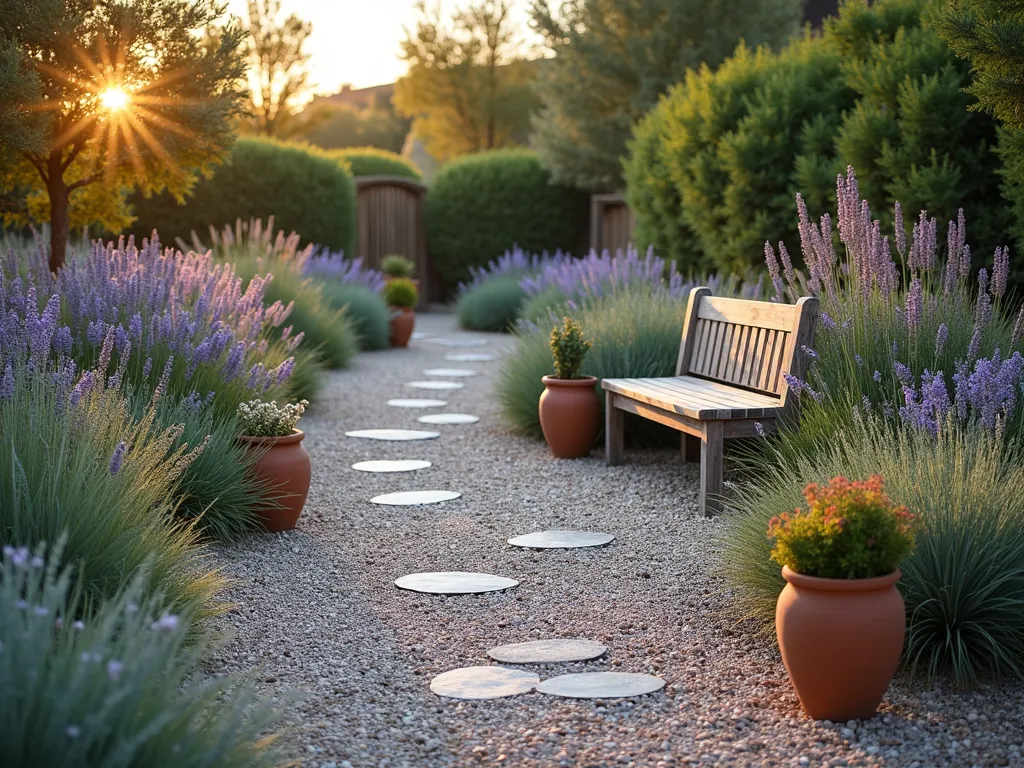 Sunset Mediterranean Gravel Garden - A serene Mediterranean-style gravel garden at golden hour, featuring winding gravel pathways lined with silvery lavender, feathery ornamental grasses, and fragrant rosemary. Modern copper path lights illuminate the way to a weathered wooden bench nestled among drought-resistant sage and santolina. The warm evening light casts long shadows across the textured gravel surface, while purple verbena and white gaura sway gently in the breeze. Terracotta pots filled with thyme and oregano add rustic charm, photographed in a wide-angle perspective to capture the garden's flowing design and peaceful ambiance.