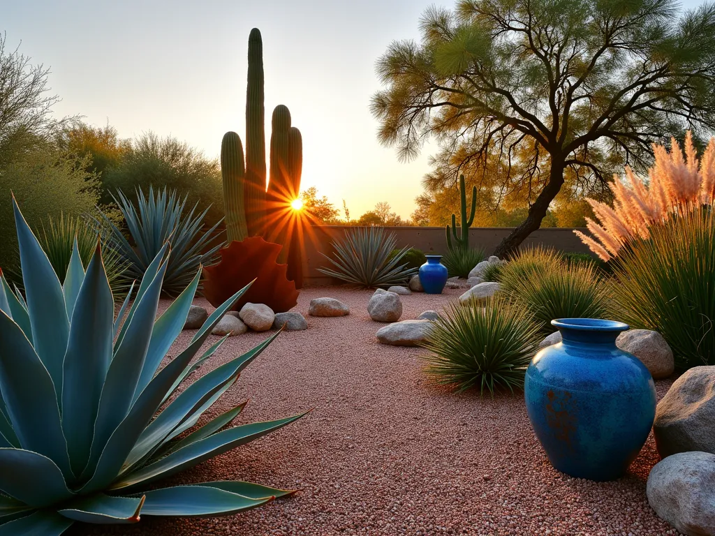 Modern Desert Xeriscape Garden at Sunset - A stunning wide-angle photograph of a modern desert xeriscape garden at golden hour, captured with a 16-35mm lens at f/2.8, ISO 400. Dramatic blue agave and tall yucca plants cast long shadows across a carefully designed landscape of copper-toned decorative gravel and weathered granite boulders. Ornamental desert grasses sway gently in the foreground, their silvery plumes catching the warm sunset light. A contemporary cor-ten steel sculpture rises from the garden, its rusty patina complementing the natural desert palette. Moroccan-inspired ceramic pottery in deep blues and turquoise provides striking accent points. Strategically placed landscape lighting begins to glow as the sun sets, creating an enchanting atmosphere in this water-wise garden sanctuary.