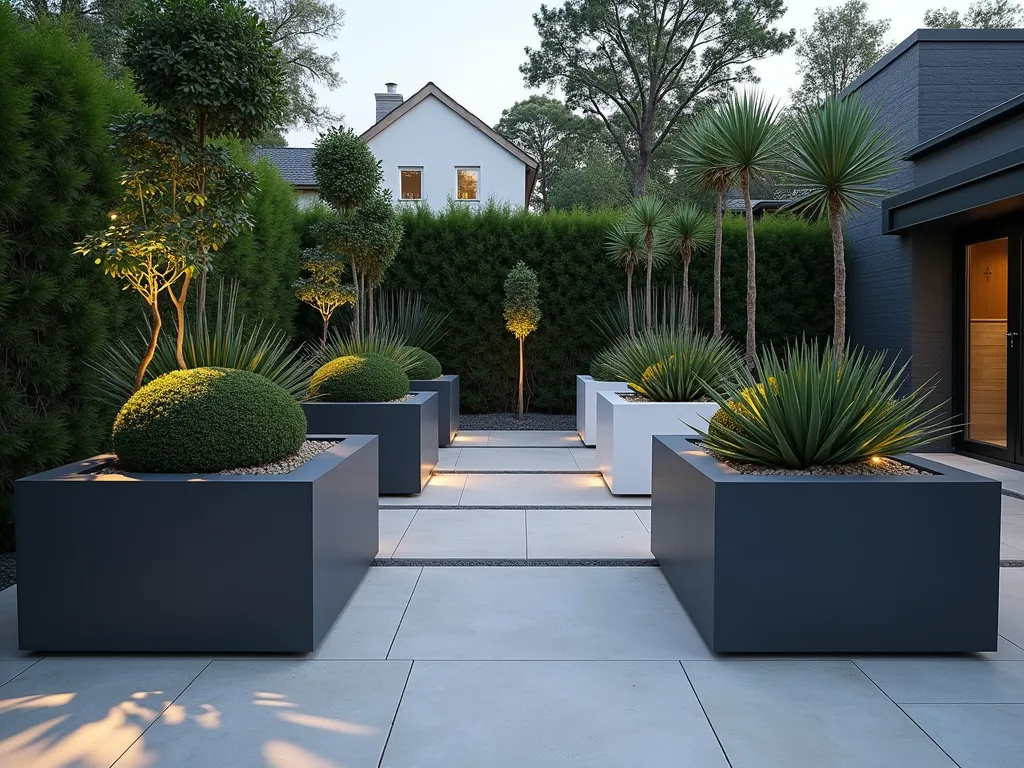 Modern Geometric Container Garden at Dusk - A stunning modern patio garden featuring a geometric arrangement of sleek, charcoal-gray and white rectangular planters of varying heights. The containers are arranged in a mesmerizing pattern, showcasing perfectly manicured boxwood spheres, tall ornamental grasses, and architectural agave plants. The scene is captured at dusk with subtle landscape lighting highlighting the structural elements of the plants. A wide-angle perspective shows the geometric pattern while maintaining intimate detail of the textural contrast between the smooth containers and organic plant forms. The modern containers cast dramatic shadows on the light-colored paver patio, creating an additional layer of geometric interest.