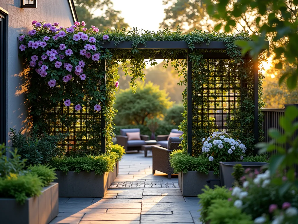 Modern Living Wall Privacy Screen with Climbing Florals - A stunning residential garden featuring a contemporary black metal trellis privacy screen covered in lush climbing plants, photographed during golden hour. The 8-foot-tall structure showcases a mesmerizing mix of purple clematis in full bloom, fragrant white jasmine flowers, and pink climbing roses creating a living tapestry. Custom-built concrete planters at the base contain cascading greenery and seasonal perennials. Soft evening sunlight filters through the foliage, casting intricate shadows on the natural stone patio below. Shot with shallow depth of field focusing on the blooming flowers against the architectural framework, composition includes a cozy outdoor seating area in the background. DSLR, f/8, ISO 100, 1/125s, natural lighting.