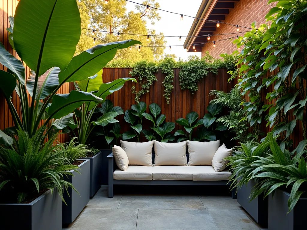 Modern Urban Jungle Patio Oasis - A cozy urban patio photographed at golden hour with a 16-35mm lens at f/2.8, ISO 400. The intimate space features layers of lush tropical foliage with large monstera deliciosa leaves dramatically backlit by warm sunlight. Modern charcoal-colored geometric planters of varying heights contain cascading ferns and upright philodendrons. A sleek gray outdoor sofa with plush cream cushions sits against a wooden privacy wall draped with climbing pothos. Copper string lights weave overhead between the plants, creating a magical atmosphere. The composition captures the interplay of light filtering through the dense tropical canopy, highlighting the different textures and shapes of the foliage.