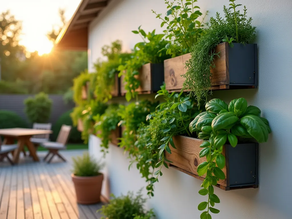 Modern Vertical Herb Garden Wall at Sunset - A stunning close-up photograph of a contemporary vertical herb garden mounted on a sleek white exterior wall, captured during golden hour. The modular wooden and metal planters create a living tapestry of culinary herbs with cascading basil, spreading thyme, silvery sage, and vibrant mint. Soft evening sunlight filters through the herbs, casting intricate shadows on the wall. The herbs are arranged in a geometric pattern, with varying heights and textures creating visual interest. A wooden deck below features modern outdoor furniture, while copper garden lights illuminate the herb wall. Shot with a shallow depth of field highlighting the fresh, aromatic herbs in the foreground while gently blurring the background. Dew drops glisten on the leaves, emphasizing the garden's vitality.