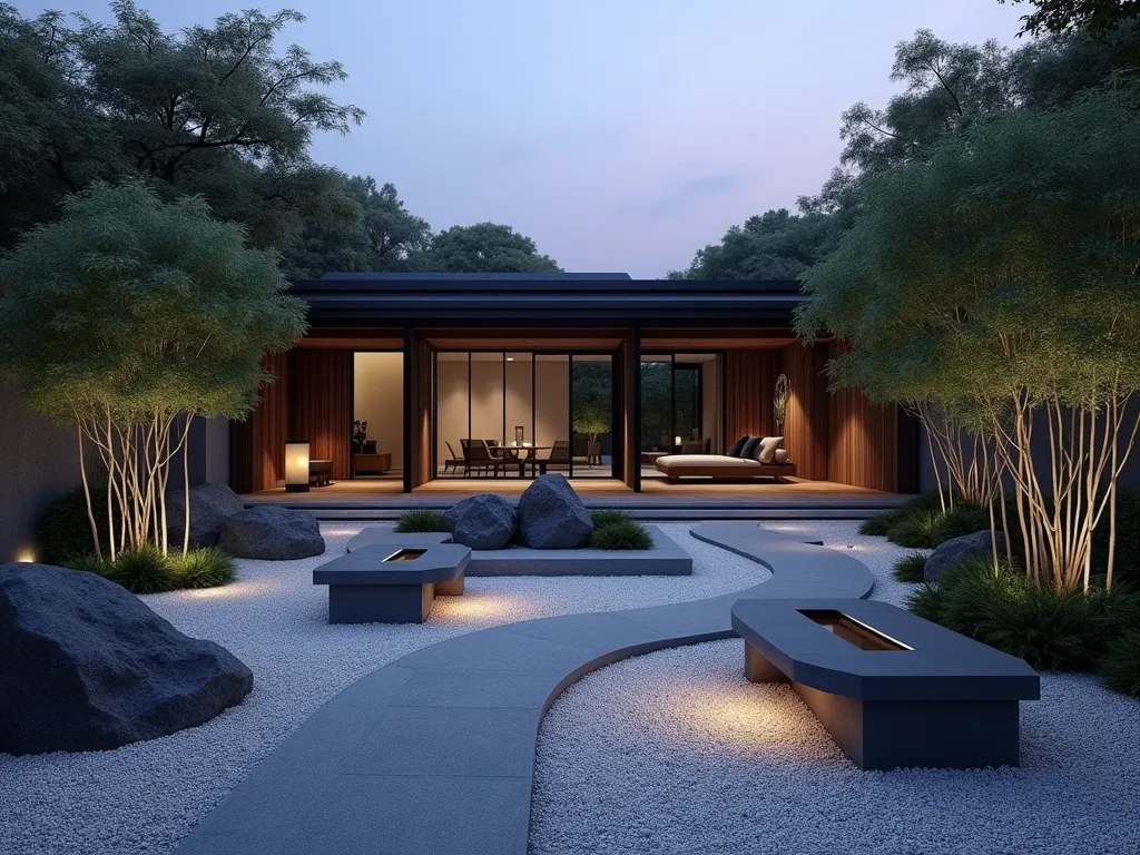 Modern Zen Garden with Evening Illumination - A serene modern Japanese zen garden at dusk, featuring a minimalist design with clean geometric lines. A winding gravel path in light grey leads through carefully placed black granite rocks and boulders. Elegant black bamboo creates vertical interest while meticulously cloud-pruned Japanese holly adds sculptural elements. Modern LED ground lighting casts dramatic shadows across the peaceful space, illuminating the geometric patterns in the raked gravel. Contemporary concrete benches provide meditation spots, while a sleek water feature creates gentle movement. Wide-angle shot capturing the entire garden composition with subtle purple-blue twilight sky above.