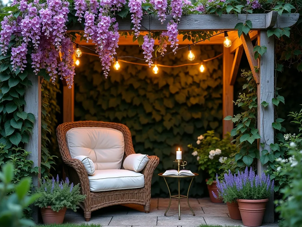 Enchanted Garden Reading Sanctuary - A dreamy twilight photograph of an intimate garden reading nook nestled within a lush garden corner, captured with a wide-angle lens. Climbing pink Pierre de Ronsard roses and purple wisteria create a natural canopy overhead, draping elegantly around a weathered wooden pergola. A plush, oversized wicker chair with cream-colored waterproof cushions sits beneath, accompanied by a vintage brass side table holding a book and teacup. Warm, golden string lights weave through the foliage, casting a magical glow across the space. Dense green ivy covers surrounding garden walls, while potted lavender and white flowering jasmine add layers of texture and fragrance. Shot at f/8 with soft twilight lighting highlighting the cozy, secluded atmosphere with stunning depth of field and crystal-clear detail.