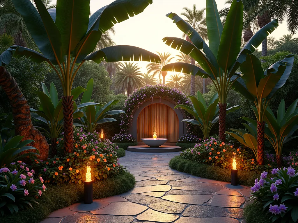 Lush Tropical Paradise Garden Retreat - A twilight photograph of a luxuriant tropical garden oasis, featuring towering banana trees and dramatic bird of paradise plants casting elegant shadows. In the foreground, a stone pathway winds through clusters of vibrant elephant ears and flowering orchids in purple and orange hues. A serene bamboo-framed water fountain creates gentle ripples, while soft-lit tiki torches line the path, their warm glow reflecting off the water. Climbing tropical vines with exotic flowers cascade over a curved bamboo privacy screen. The scene is captured from a low angle, emphasizing the majestic height of the tropical foliage, with the golden hour sun filtering through the leaves creating a magical atmosphere. Photorealistic, cinematic lighting, high-end landscape photography, 8k resolution.