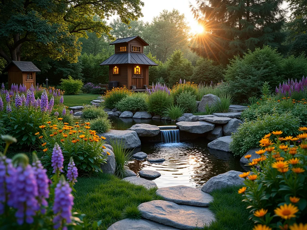 Vibrant Biodiversity Garden Haven - A serene twilight scene of a lush backyard biodiversity garden, shot with a wide-angle 16-35mm lens at f/2.8, ISO 400. Native wildflowers in purple, yellow, and orange bloom abundantly in naturalistic clusters. A graceful stone path winds through, leading to a small pond with water lilies and a gentle solar-powered waterfall. Beautiful wooden bee hotels and artisanal bird feeders hang from mature native trees. Butterflies gather around a dedicated puddling station adorned with minerals and shallow water. The garden features varying levels with rock gardens, tall grasses, and miniature meadow areas, creating distinct microhabitats. Soft solar lighting casts a magical glow as golden hour transitions to dusk, while hummingbirds make their final visits to the native trumpet honeysuckle. A rustic log pile provides shelter for beneficial insects, while native ferns create shaded retreats. The composition captures the harmonious coexistence of carefully planned wildlife-supporting elements within a naturally beautiful garden setting.