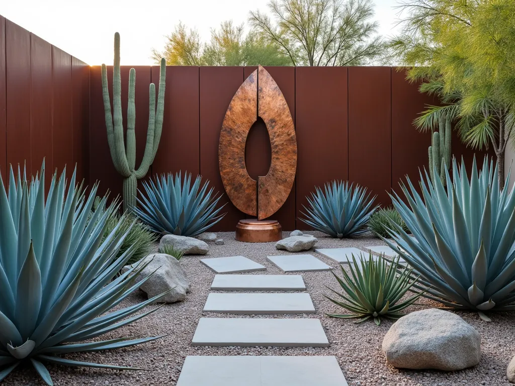 Modern Desert Art Gallery Garden - A modern desert garden featuring large blue-green Weber's Agave and silver Agave attenuata as natural sculptures, arranged around a striking copper abstract sculpture. The garden includes smooth river rocks and crushed granite pathways leading through the display. Bronze art pieces catch the evening sun, while carefully placed spotlights illuminate the dramatic silhouettes of the agaves. The composition creates a gallery-like atmosphere with the plants and artworks complementing each other against a backdrop of weathered cor-ten steel panels