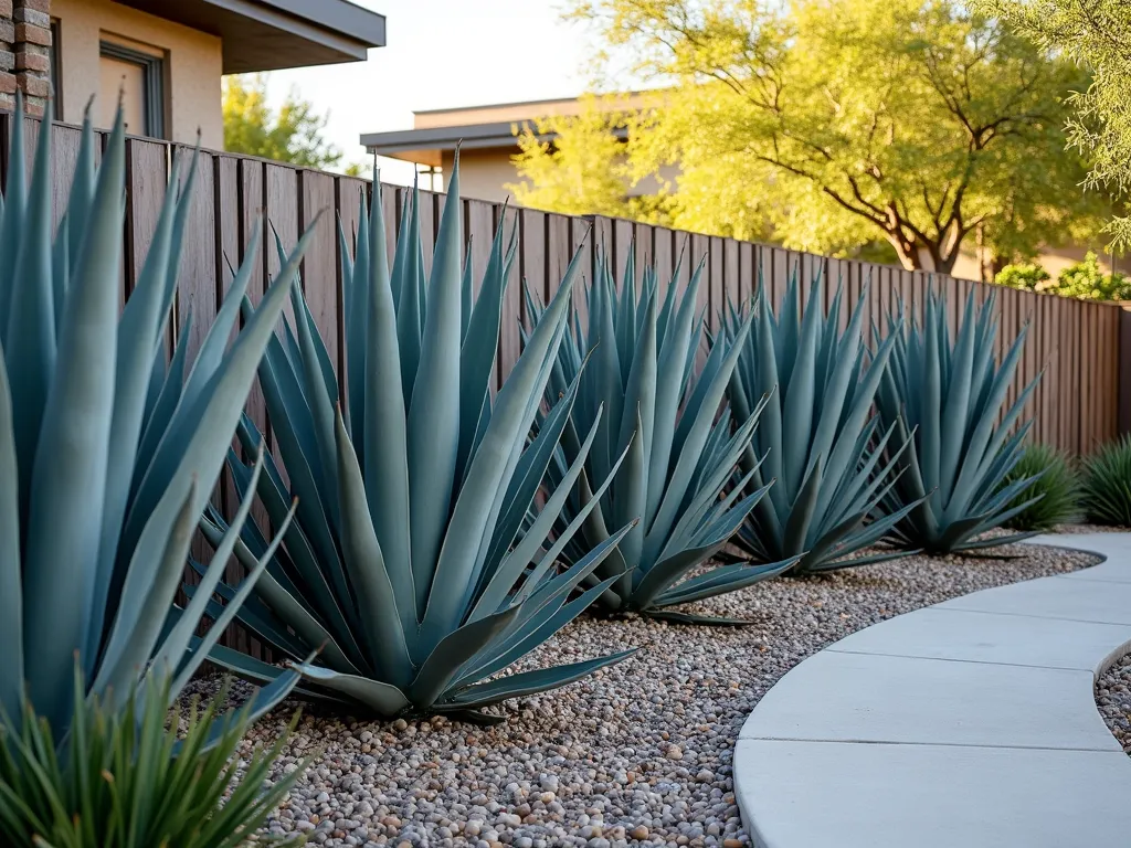 Agave Living Privacy Border - A stunning landscaped border featuring a row of majestic blue-gray Weber's Agave and American Century Plants, standing 4-5 feet tall, creating a natural living fence. The agaves are planted in a gentle curved pattern against a desert-modern home background. Golden afternoon sunlight casts dramatic shadows, highlighting the architectural forms of the agave's sculptural leaves. Desert pebbles and small succulents create a clean, minimalist groundcover beneath the impressive agave border.