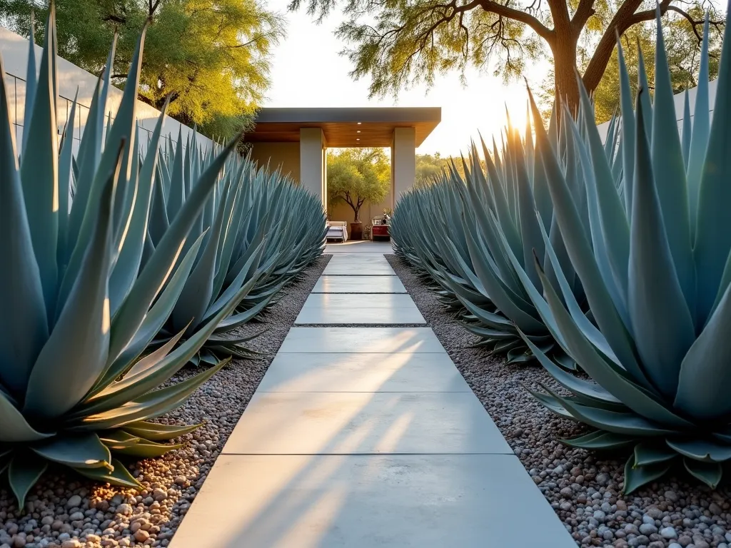 Modern Agave Garden Framework - A stunning modern garden pathway bordered by majestic Blue Agave plants, creating a strong architectural framework. The agaves are perfectly spaced, their dramatic blue-gray leaves forming natural walls that guide visitors through the space. Soft golden hour lighting casts dramatic shadows across a smooth concrete path, while smaller desert plants and crushed stone fill the ground plane. The perspective leads to a striking focal point, with the largest agave specimens framing a modern garden seating area in the distance. The composition showcases the natural geometry and structural beauty of agave plants in a contemporary landscape design.