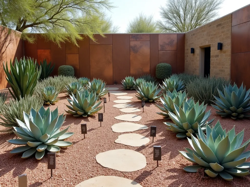 Educational Agave Collection Display - A beautifully curated botanical garden display featuring various agave species arranged in an elegant semi-circular pattern. Multiple agave varieties of different sizes and colors, from blue-gray Agave americana to compact Agave victoriae-reginae, each with professional botanical markers. Natural stone pathways weaving between specimens, soft desert lighting, and a backdrop of weathered copper wall panels. Professional botanical labels with scientific names clearly visible. Fine decomposed granite groundcover in warm terra cotta tones creating a refined, museum-quality presentation.