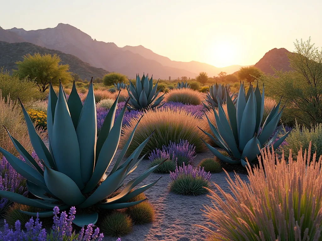 Desert Meadow Garden with Agave - A breathtaking desert garden landscape at golden hour, featuring dramatic blue-green Agave americana plants as focal points, surrounded by flowing purple muhly grass and golden Mexican feather grass. The architectural agaves cast dramatic shadows across a natural-looking meadow filled with purple sage, yellow wildflowers, and native perennials. Soft evening light illuminates the scene, highlighting the contrast between the rigid, sculptural agaves and the ethereal, dancing grasses. Photorealistic, high-end landscape photography style.