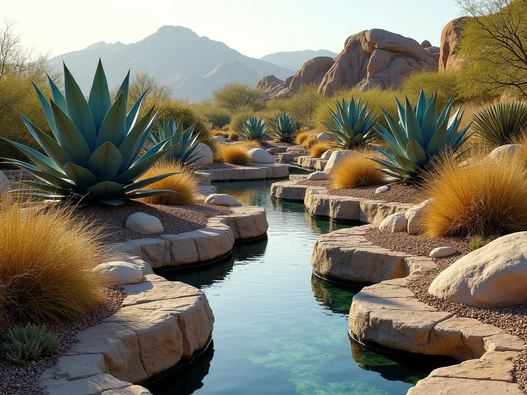 Desert Rain Garden with Agave Collection - A beautifully designed desert landscape with naturally curved rock-lined channels directing rainwater to a collection of blue-green agave plants. The garden features gentle slopes with desert-adapted plants, decorative river rocks, and strategically placed agaves of varying sizes. Soft morning light illuminates the scene, highlighting water-catching basins surrounded by golden desert grasses and smooth boulder formations. The composition shows a harmonious blend of desert architecture and sustainable water management, with crystal-clear water pooling around the base of majestic agave plants, photorealistic style.